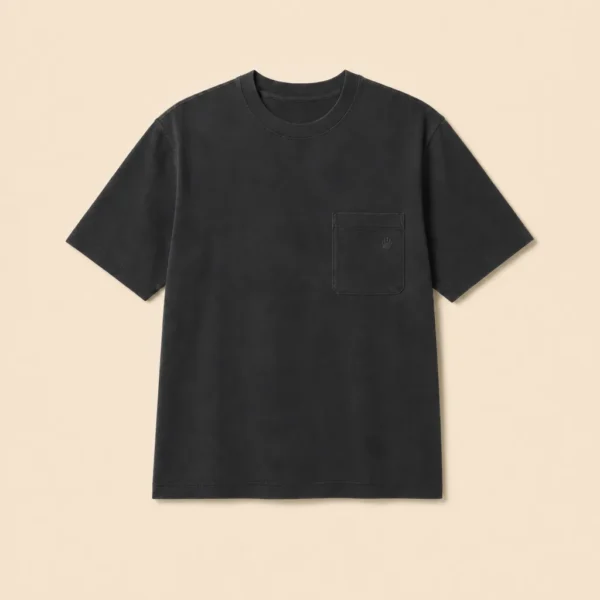Front view of the washed-black Fallow Bear Pocket Tee with a single chest pocket.