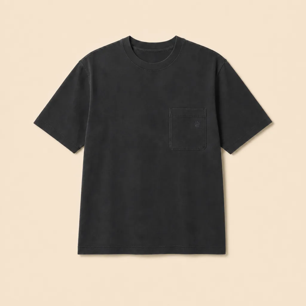 Front view of the washed-black Fallow Bear Pocket Tee with a single chest pocket.