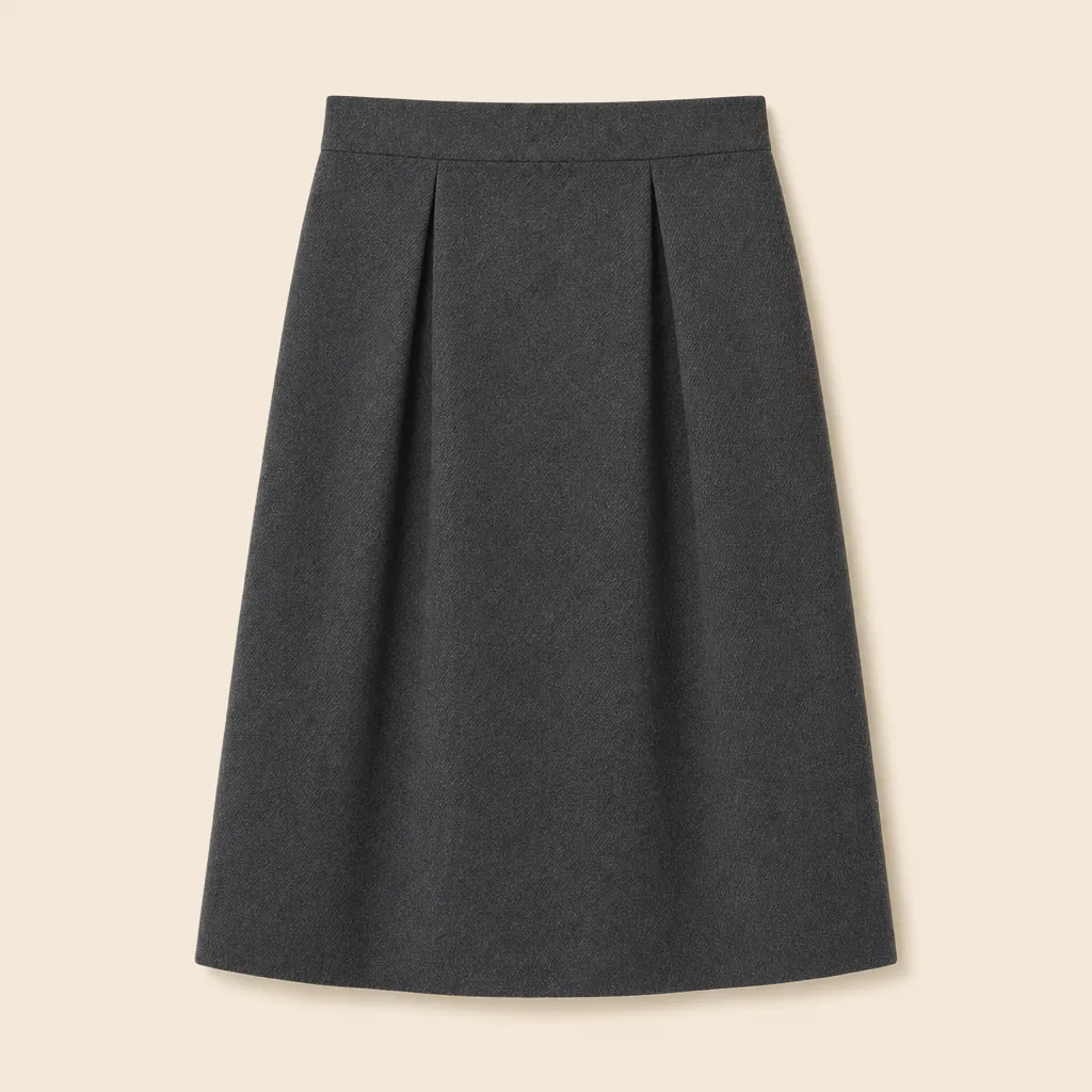 Front view of the charcoal Fallow Harbor Pleat Skirt with two inverted pleats