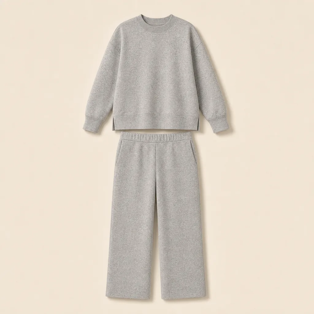 Heather grey matching knit crew top and straight trousers, complete front view on warm oatmeal.