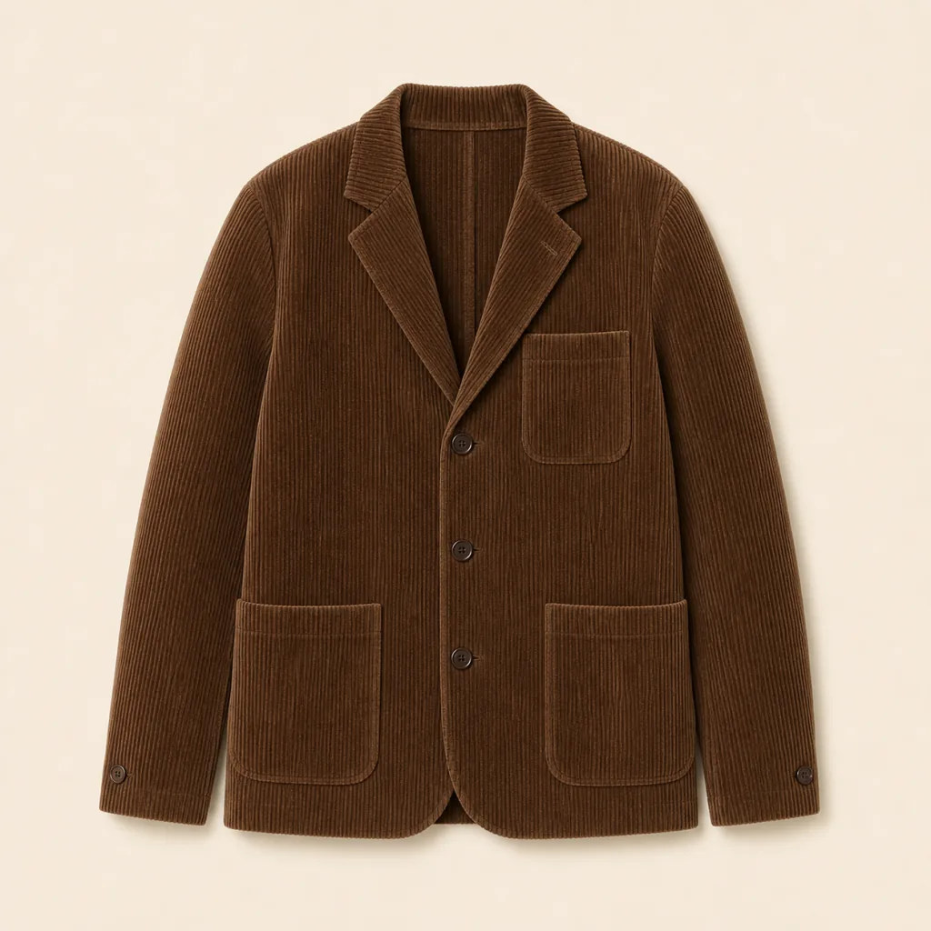 Front view of the Fallow Heavy Velvet Blazer in tobacco-brown wide-wale corduroy