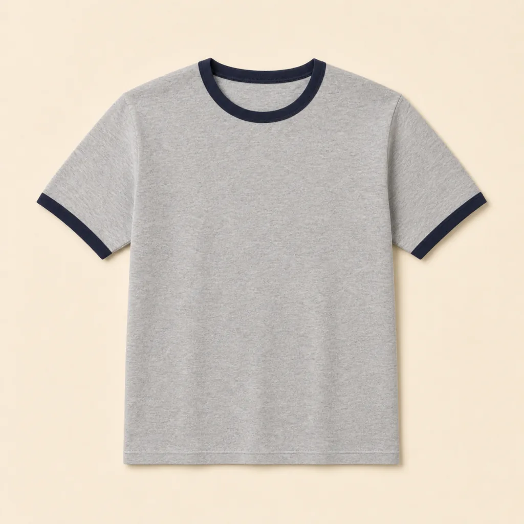 Front view of the heather-grey Fallow Heritage Ringer Tee with ink-navy trim