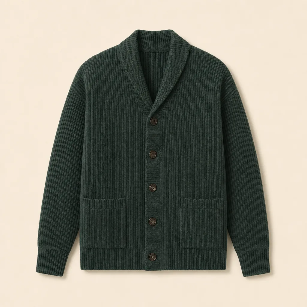 Front view of the juniper-green Fallow Juniper Rib Cardigan with five buttons and two pockets.