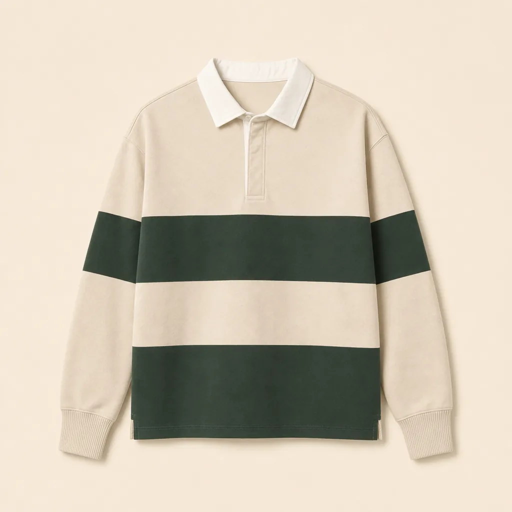 Front view of the oatmeal Fallow Lowland Rugby Shirt with two broad forest stripes and white collar