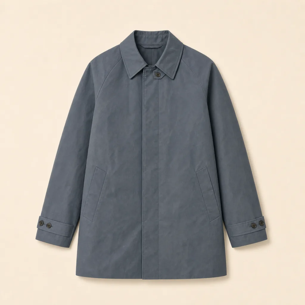 Slate waxed cotton Rainline Mac, complete front view on warm oatmeal.
