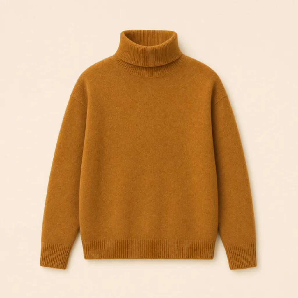 Ochre brushed wool funnel neck sweater, complete front view on warm oatmeal.