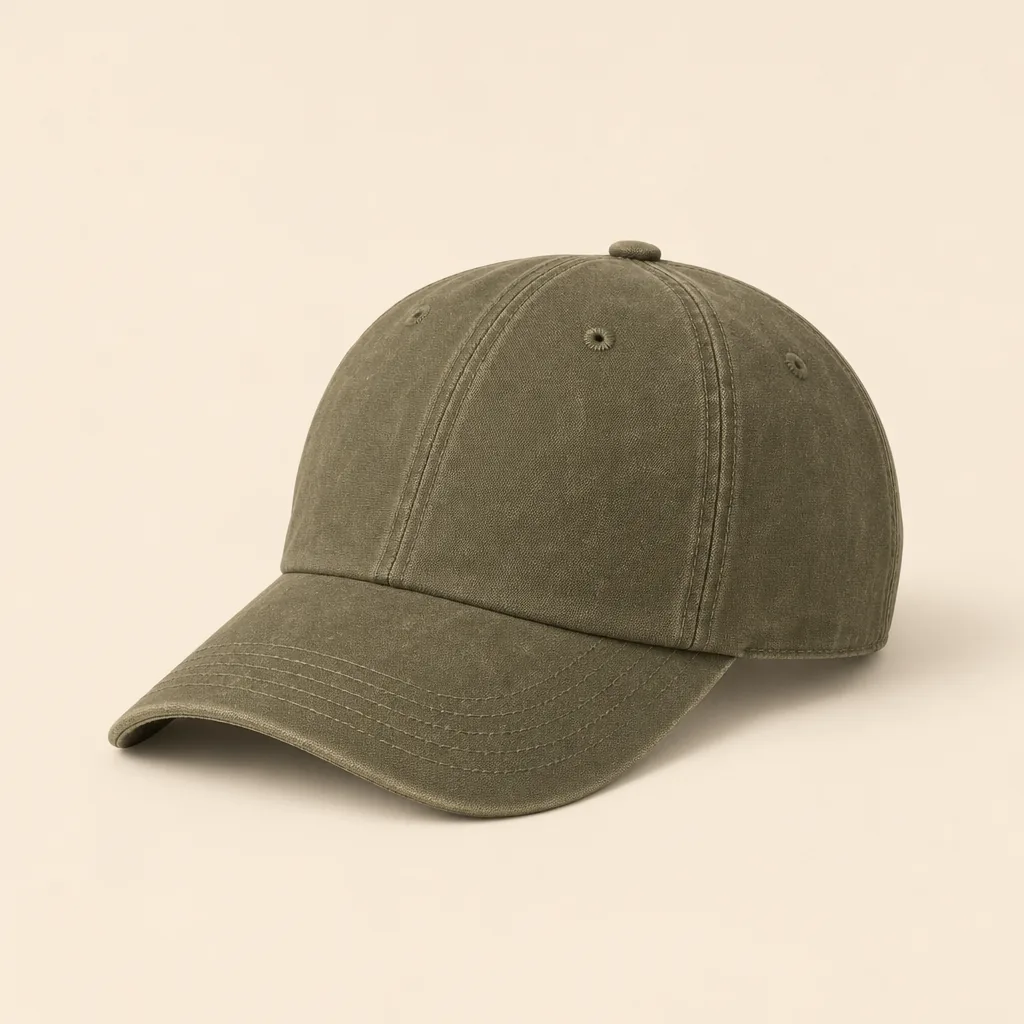 Front three-quarter view of the faded-olive Fallow Trail Canvas Cap on the warm oatmeal catalog background