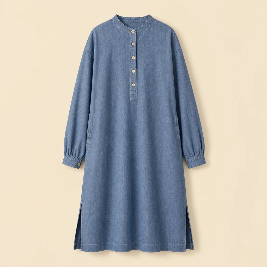 Washed indigo organic cotton midi smock dress, complete front view on warm oatmeal.