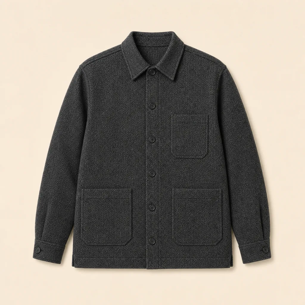 Charcoal herringbone wool Cabin Overshirt with six buttons and three patch pockets, complete front view on warm oatmeal.