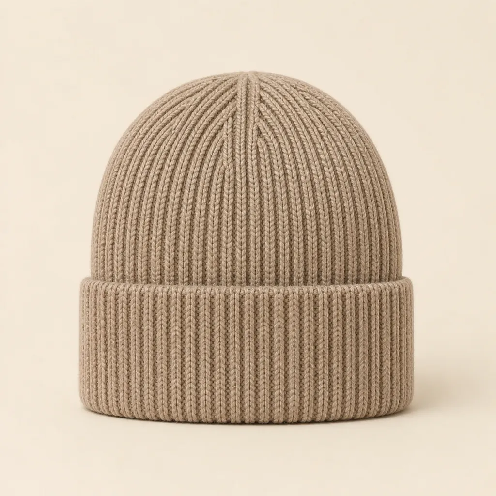 Front view of the Fallow Chunky Toque in fawn merino-blend rib knit.