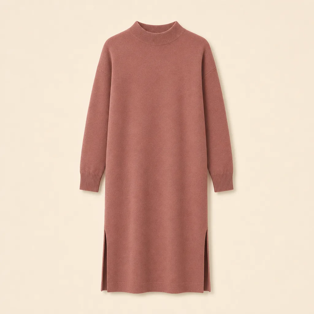 Front view of the clay-rose Fallow Drift Knit Dress with mock neck and midi column shape.