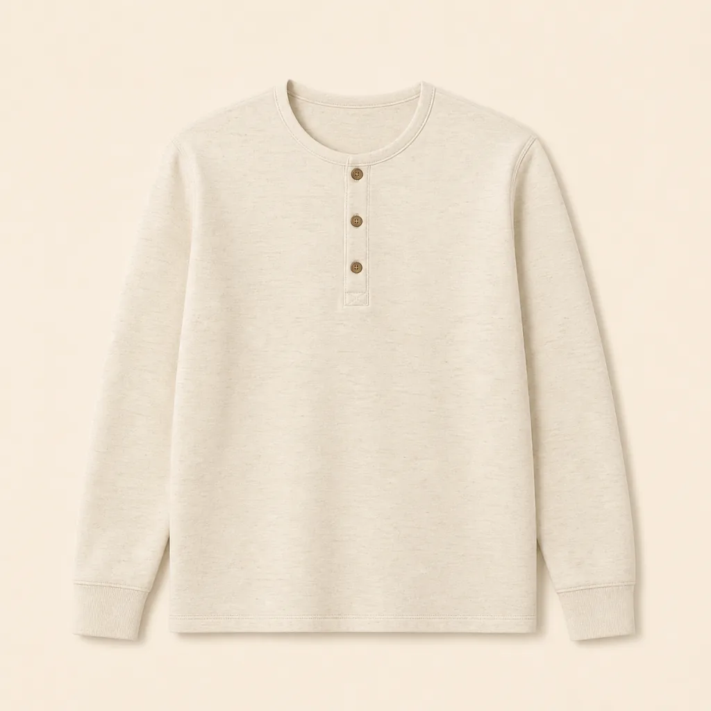 Ecru long-sleeve organic cotton Field Henley with three corozo buttons, complete front view on warm oatmeal.