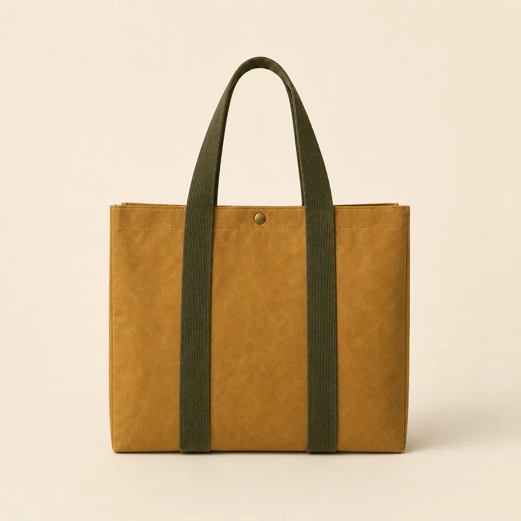 Ochre waxed canvas tote with plain back and olive webbing, complete back view on warm oatmeal.