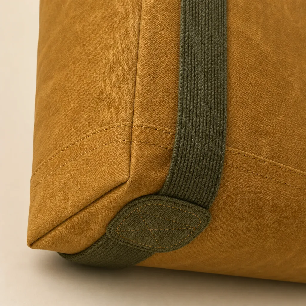 Ochre waxed canvas boxed corner, continuous olive strap and reinforced stitching in close detail.