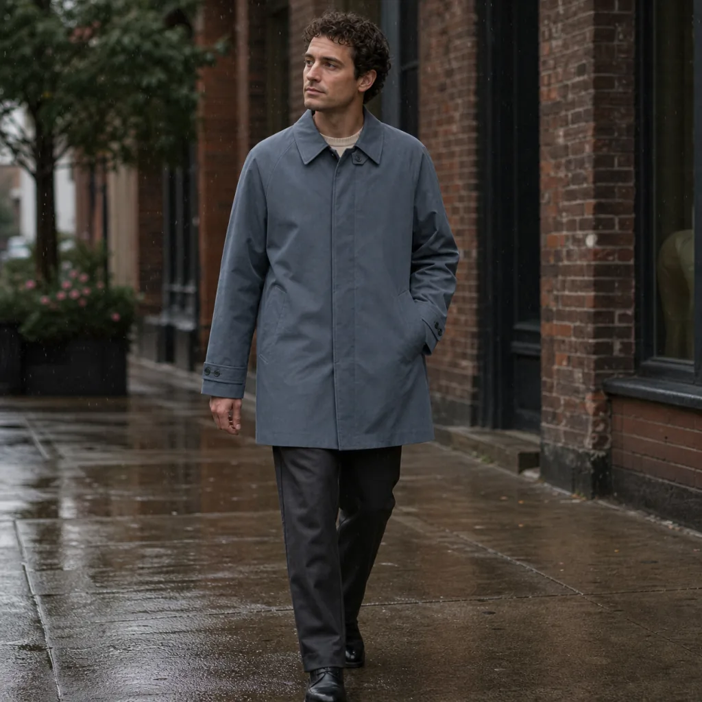 Person wearing the slate Rainline Mac in light rain on a Portland street.