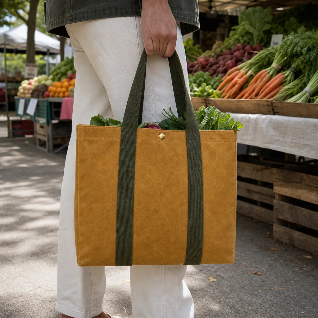 Ochre and olive waxed canvas tote carried at a neighbourhood produce market.