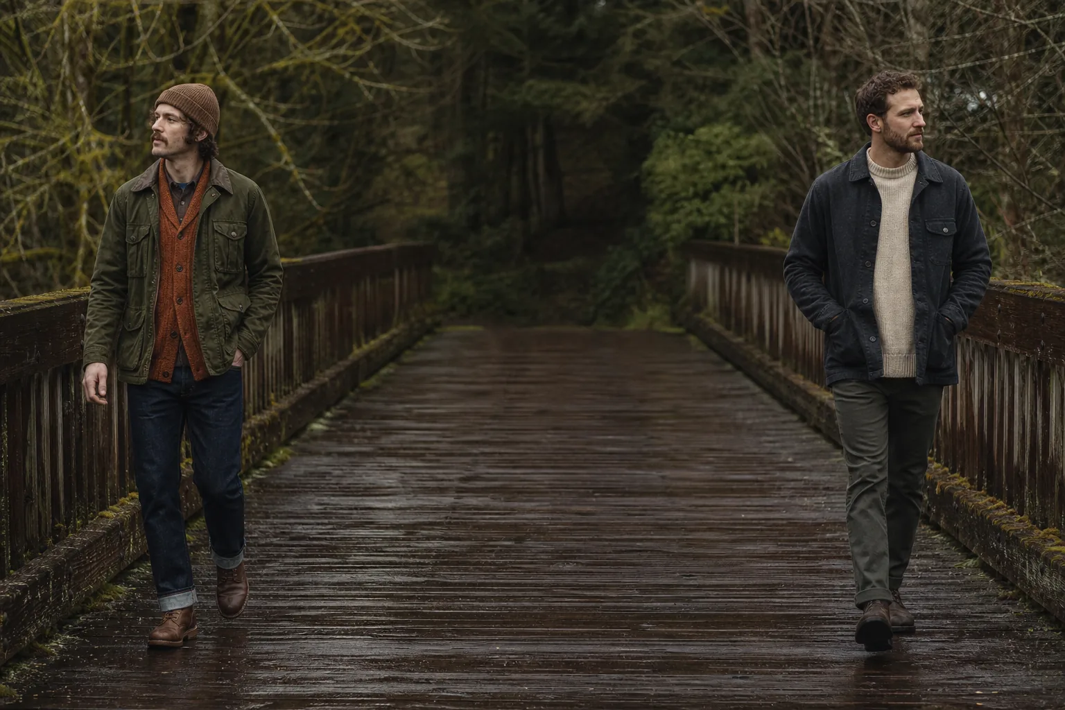Two friends in practical layered clothing crossing a rain-darkened forest bridge