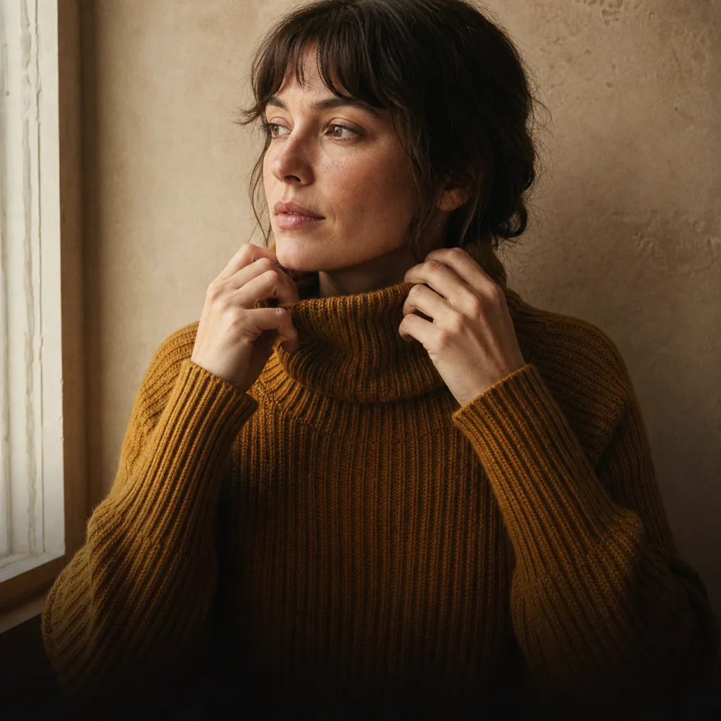 Woman adjusting the collar of a textured ochre knit