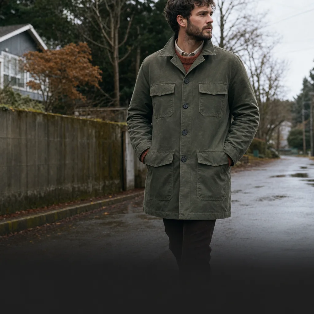 Person wearing a practical dark green outer layer in wet weather