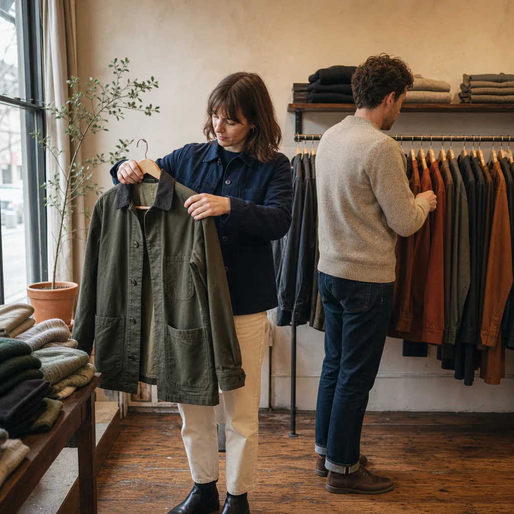 Customer browsing the clothing rail inside Fallow