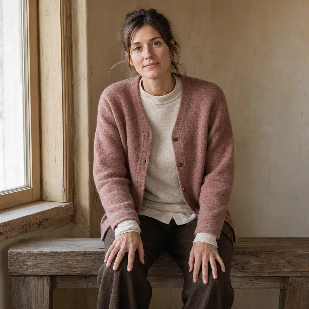 Customer wearing soft moss and oatmeal knit layers