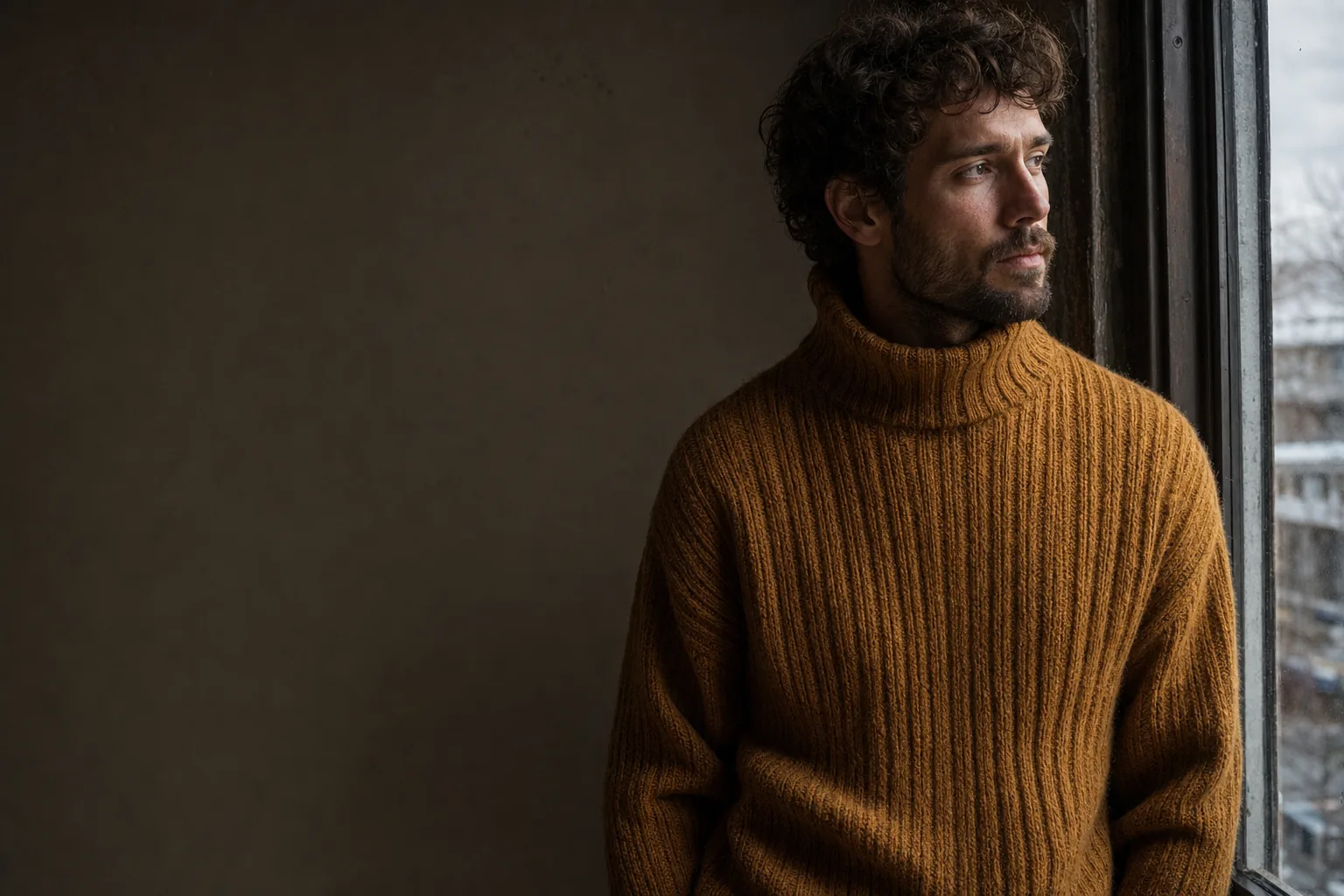 Man wearing a textured ochre funnel-neck sweater by a winter window