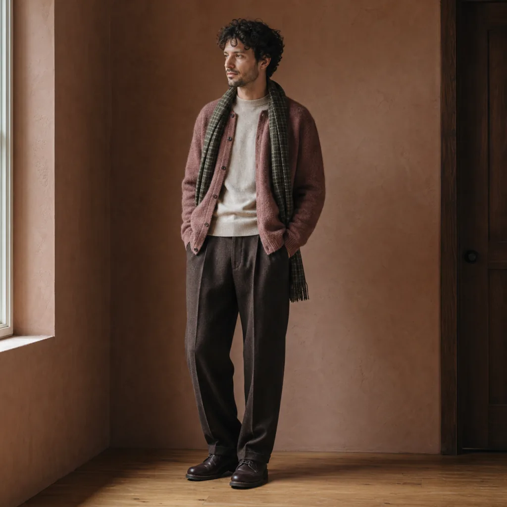 Woman wearing a coordinated moss jacket, oatmeal knit and clay trousers