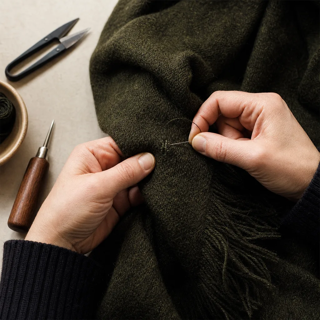 Hands repairing a dark moss wool scarf at the Fallow repair desk