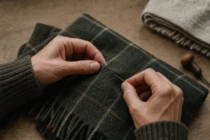 Hands carefully repairing a pulled thread in a moss checked wool scarf