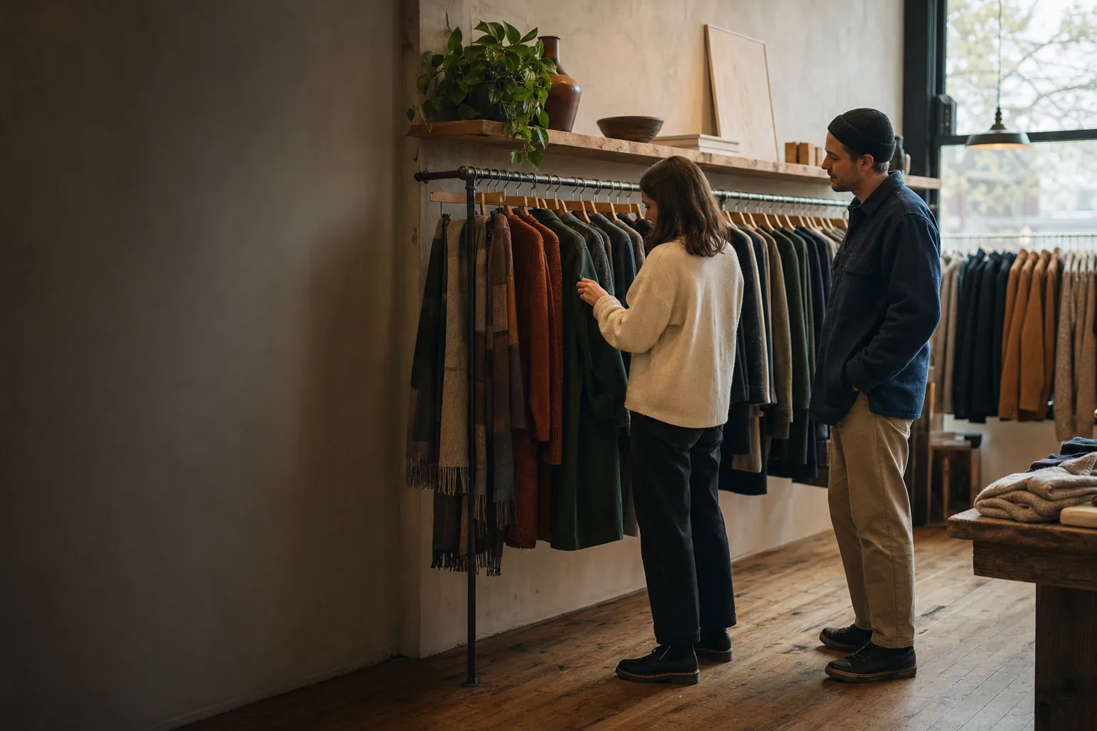 Customer browsing the clothing rails inside Fallow