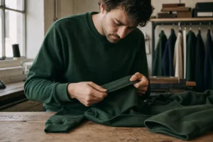 Forest loopback cotton sweatshirt examined at a wooden workshop table